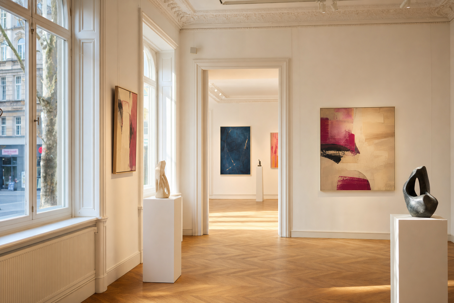Heller, renovierter Galerieraum von 20blue.arts in der Kolonnadenstraße Leipzig mit kuratierten Gemälden und Skulpturen