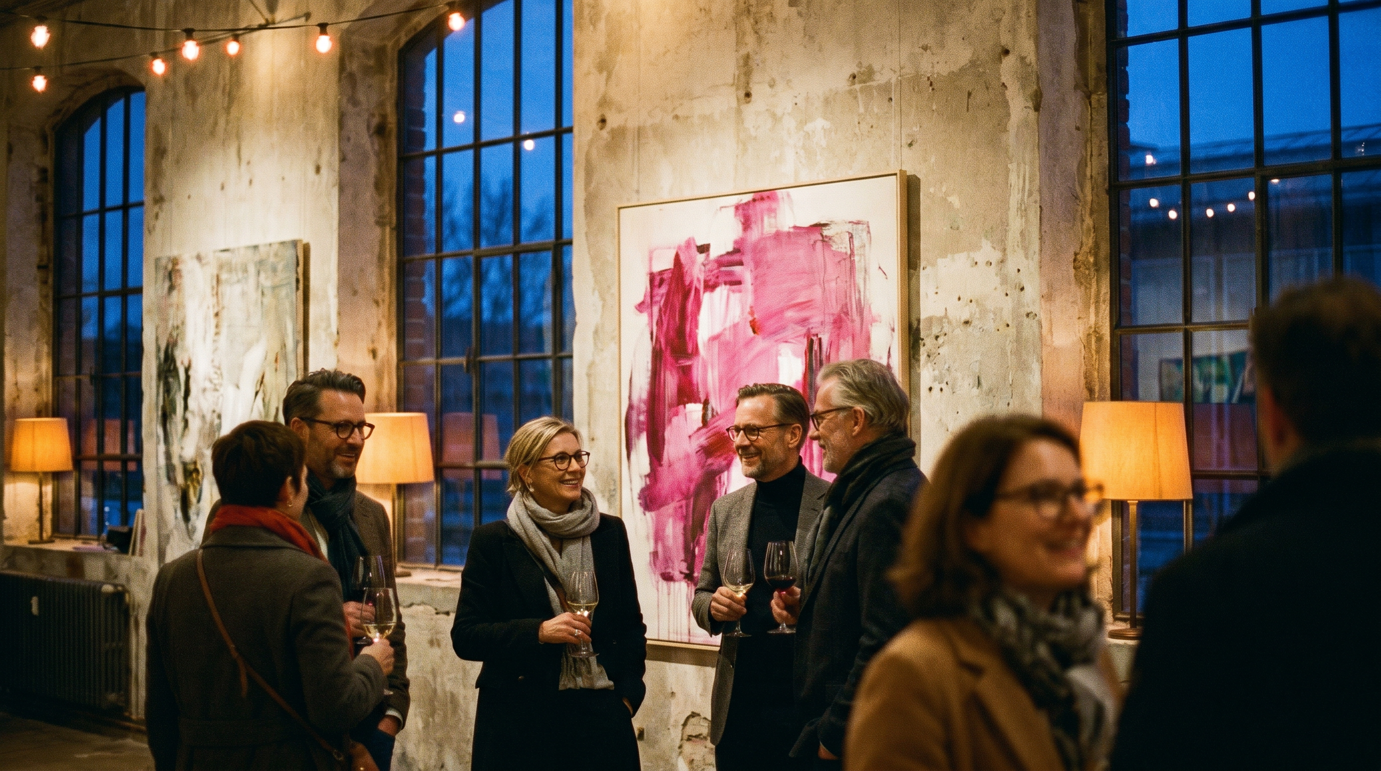 Kunstsalon-Abend 2024 im Bahnhof Plagwitz Leipzig: Gäste im Gespräch vor großformatiger Malerei — der Ursprung von 20blue.arts