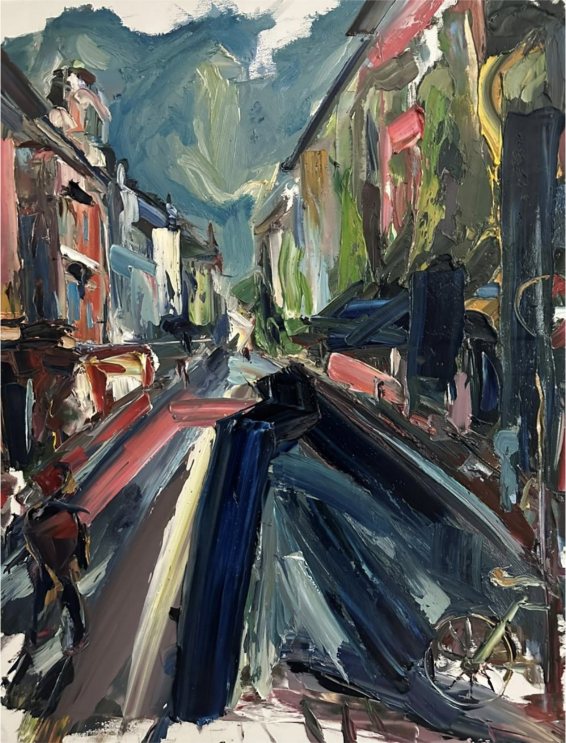 Gemälde von Noah Rennebaum aus der KOLLEktion No*1: expressive Straßenflucht mit Häuserzeilen in Rot, Blau und Grün