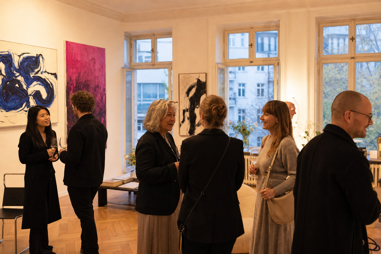 Salonabend im neuen Raum von 20blue.arts: Gäste im Gespräch vor kuratierten Gemälden in der Kolonnadenstraße Leipzig