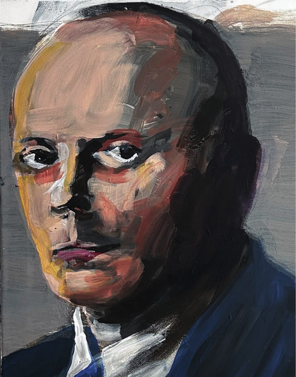 Jürgen Meier: Willi, 25. März 1936 — Porträt in Acryl, ein Mann mit Halbglatze in dunklem Anzug vor dunklem Grund